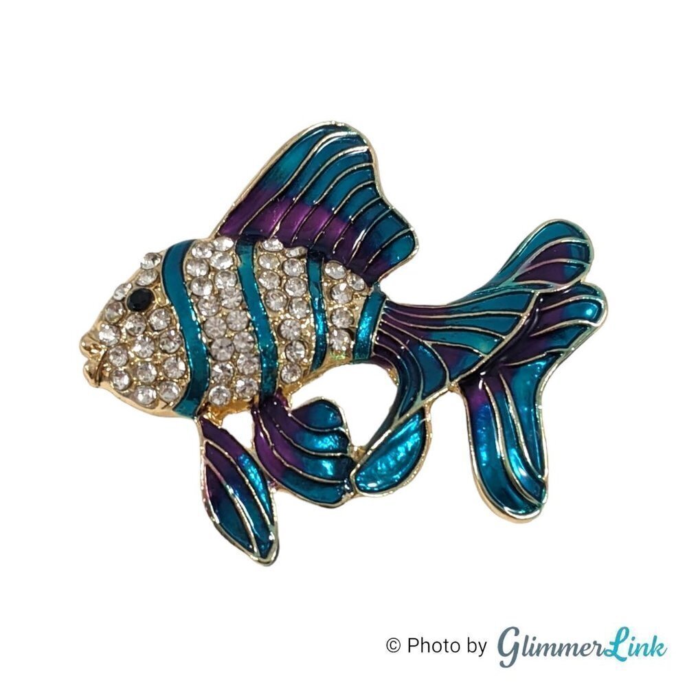 Fish Purple & Teal Enamel Rhinestones Gold Tone Brooch